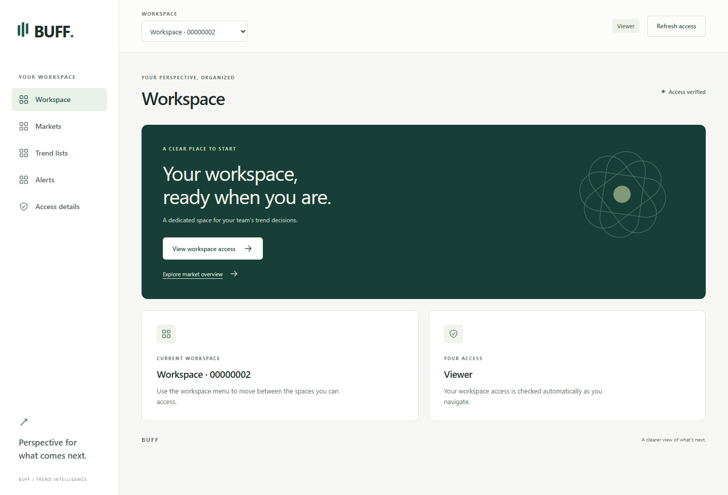 BUFF’s workspace interface with a green welcome panel and navigation for markets, trends, alerts and workspace access. This preview uses sample data.